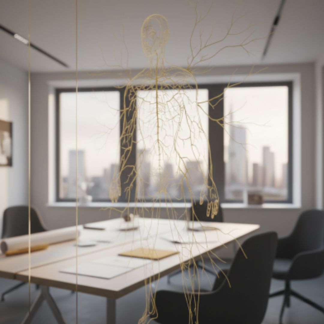 Visualisierung der Vagusnerv-Regulation und Resilienz-Architektur der InnerMetrik Akademie mit Blick auf die Frankfurter Skyline.